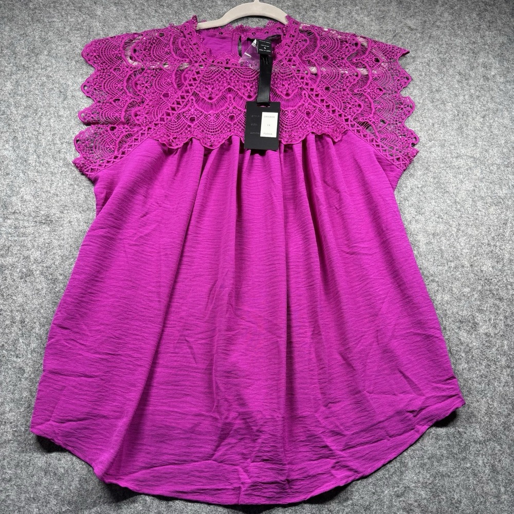 Oliver.o Top Blouse Women's 1X Fusia Lace Overlay Sleeveless Pleated Boho‎